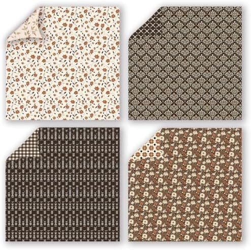 Gingham Scrapbook Paper 12x12 Coffee,24 Sheets Double-Sided Bohemian Floral Patterned CardStock Paper Pad Boho Tone Decorative Craft Papers for Holiday Cardmaking DIY Origami Papers.
