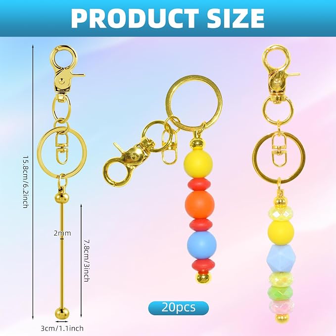 20 Pcs Beadable Keychains Bulk Kit – DIY Keychain Making Supplies with Metal Blanks for Crafts, Jewelry, Charms, Custom Projects – Blank Chain Bars for Beaded Keychain Design (Golden)