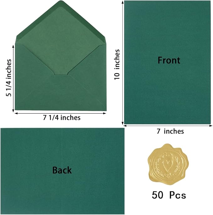 50 Pack Dark Green A7 Envelopes with Cards and Gold Stickers, 5x7