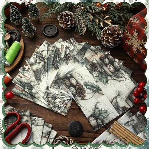 HunnmingRe 20 Pcs 10''x10'' Vintage Green Christmas Quilting Fabric Square Bundle Snowman Precuts Quiltted Fabric Gingerbread Reindeer Printed Patchwork Supplies for Winter Patchwork DIY Sewing Craft