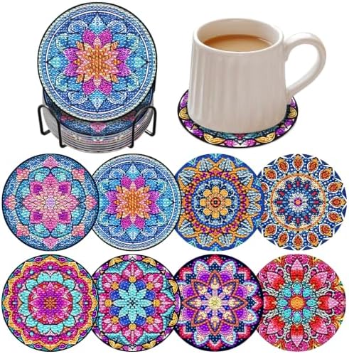 Mandala Diamond Art Coaster Kit with Holder, 8PCS Diamond Painting Coasters