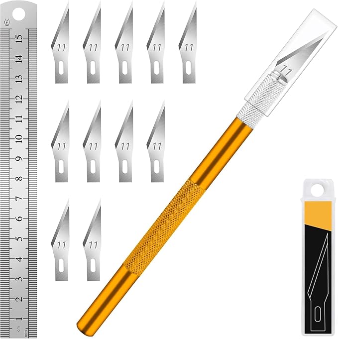 DIYSELF Exacto Craft Knife Set with 10 Extra #11 Blades, 6-Inch Metal Ruler | Craft Razor Knife with Ruler for Polymer Clay, Paper, Vinyl & Models, Exacto Knife for Crafting, Artists & Hobbyists, Gold