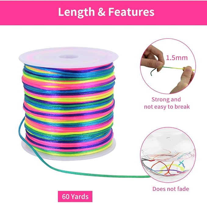 TONIFUL Nylon String Satin Cord for Necklace Bracelet Beading 1.5mm Rainbow | 50yd Non elastic durable non fading, for Jewelry Making Thread Rattail Macrame Trim Kumihimo Chinese Knot Craft Tags Hanging