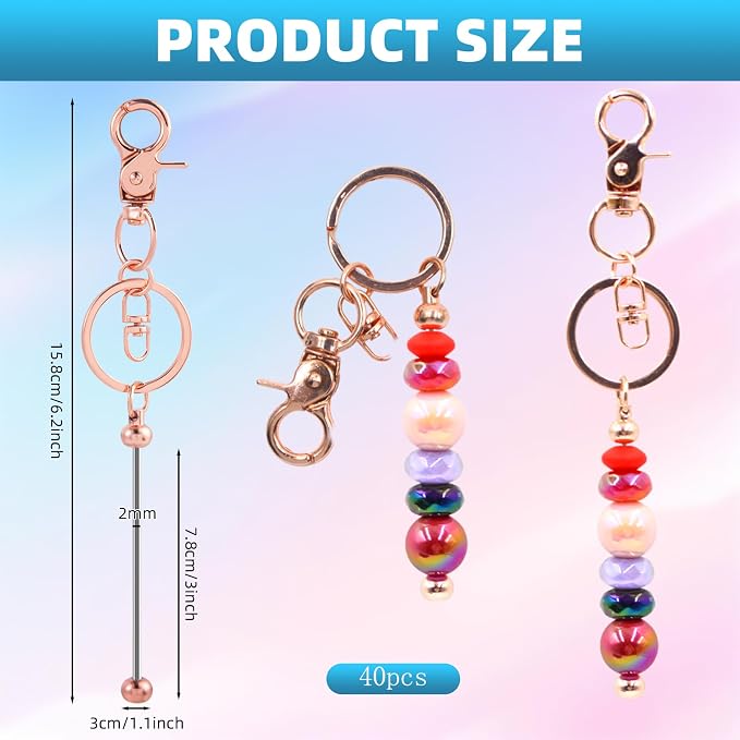 40 Pcs Beadable Keychains Bulk Kit – DIY Keychain Making Supplies with Metal Blanks for Crafts, Jewelry, Charms, Custom Projects – Blank Chain Bars for Beaded Keychain Design (Rose Gold)