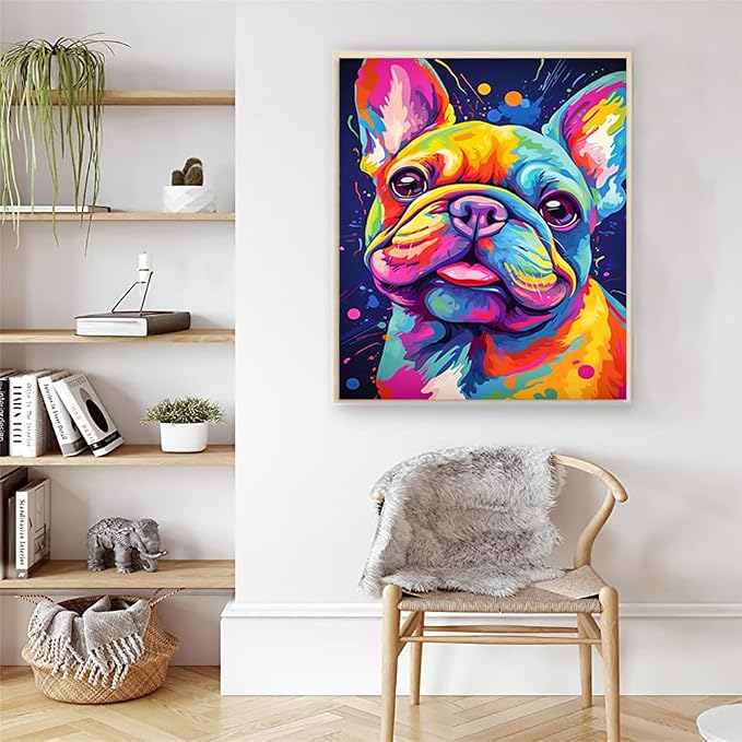 Artunion Colorful French Bulldog Paint by Numbers for Adults, Dog Animal Paint by Number Kits, DIY Oil Painting Paint by Number Kits on Canvas Arts Craft for Home Wall Decor 16x20 Inch