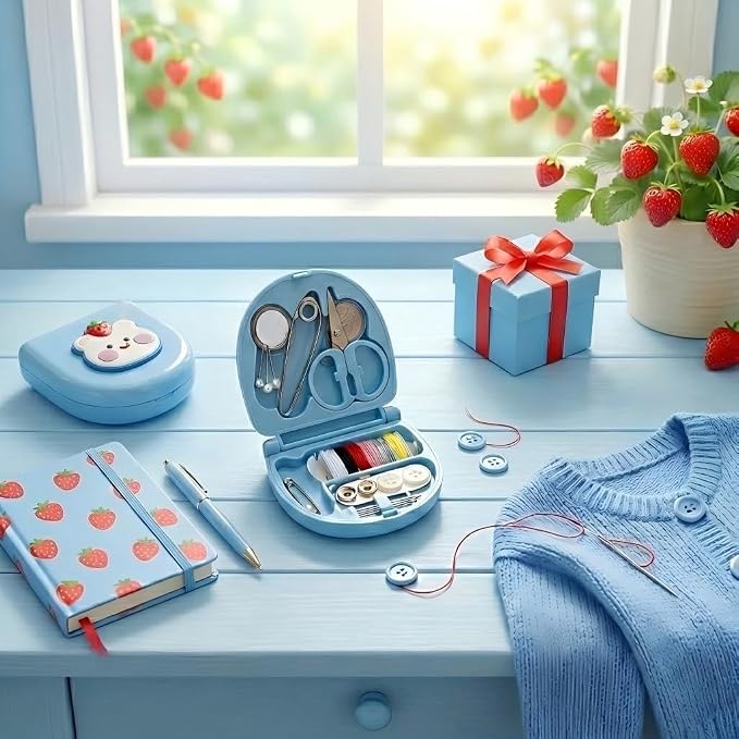 2 Pack Mini Travel Sewing Kit, Portable Emergency Sewing Box with Scissors, Needles, Threads, Compact Clothing Repair Set for Travel, Purse, Office, College Dorm (3D Berry Bear Blue)
