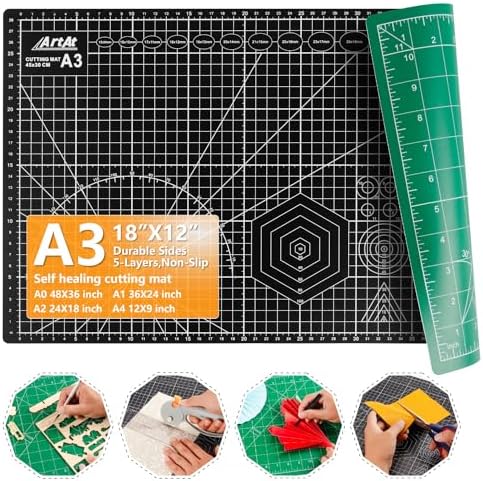 ArtAt Self Healing Cutting Mat: 12inch x 18inch Double Sided 5-Ply Fabric Cutting Mat for Sewing, Quilting & Arts & Crafts - Gridded Rotary Cutting Board Mat in Green/Black.