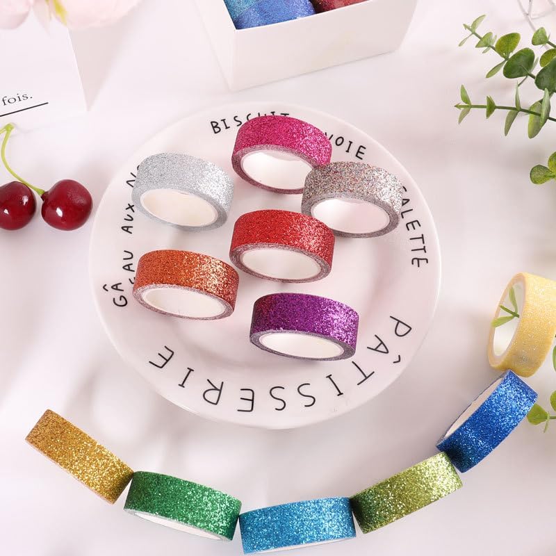 12 Rolls Glitter Washi Tape Set Christmas Washi Masking Tape Decorative Adhesive Tape for Scrapbooking DIY Crafts Crafters Embellished Journals Planners Cards Gift Wrapping Ribbons Wedding (A)