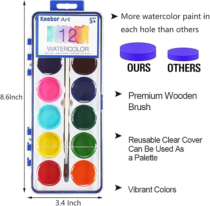 Watercolor Paint Set for Kids, 12 Colors, 24 Pack Washable Water Colors for Party Favors, Gifts, Classroom Supplies (Wood Brushes Included) | Washable Water Colors for Party Favors, Gifts, Classroom Supplies (Wood Brushes Included)