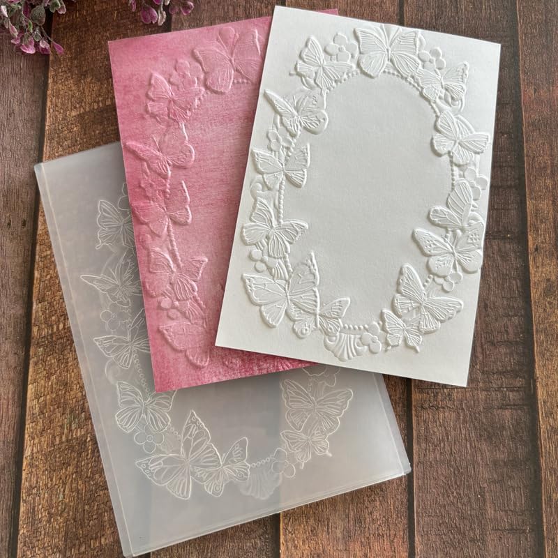 Butterfly Oval Frame 3D Embossing Folder, Floral Beaded Plastic Textured Stencil for DIY Scrapbooking Card Making Paper Crafts