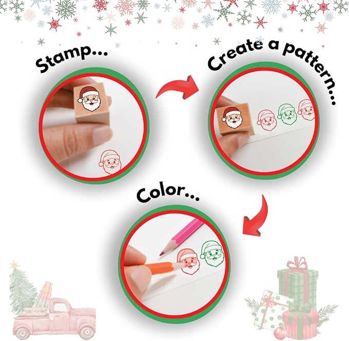 48 Piece Merry Christmas Craft Kit Wooden Stamp Set with Ink Pads Colored Pencils Stickers Cards Envelopes DIY Holiday Card Making Set for Kids Adults Classrooms Festive Family Fun