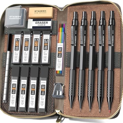 STAGEEK 20Pcs Black Metal Mechanical Pencil Set with Leather Case | 5PCS Art Drafting Pencils, 0.3, 0.5, 0.7, 0.9, 2.0MM Drawing Pencils, 9 Tube (4B 2B HB 2H Colors) Lead Refills, Erasers
