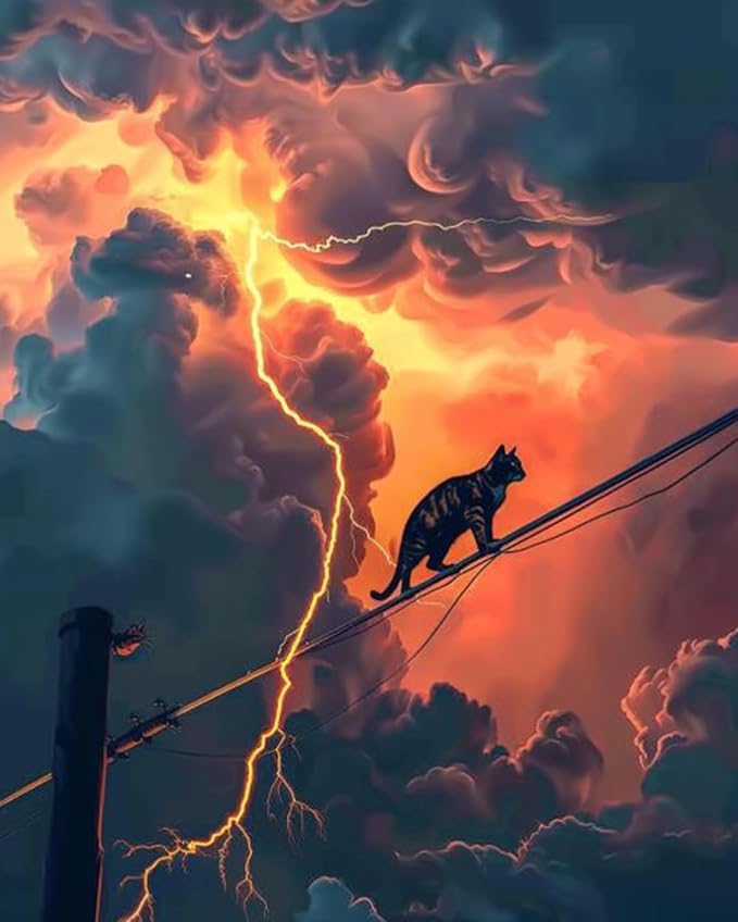 DIY Paint by Numbers for Adults Cat Walk on the Electric Wire DIY Digital Oil Painting Acrylic Paint Cloud Layer Lightning Painting Kits Wall Art Fantasy Scene Room Decor 16x20 Inch（DIY Frame ）