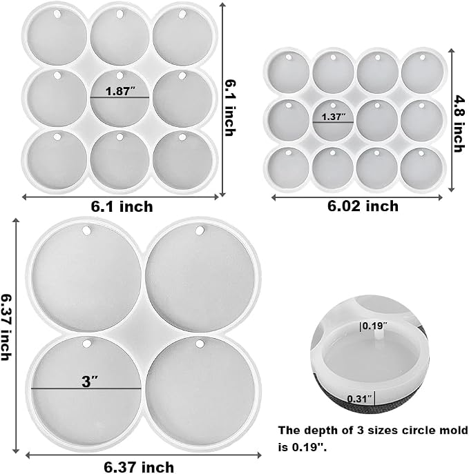 RESINWORLD 25-Cavity Set of Large + Medium + Small Shiny Flat Circle Silicone Mold, Drilled Round Earrings Pendant Mold, Keychain, Pet Tag Resin Mold