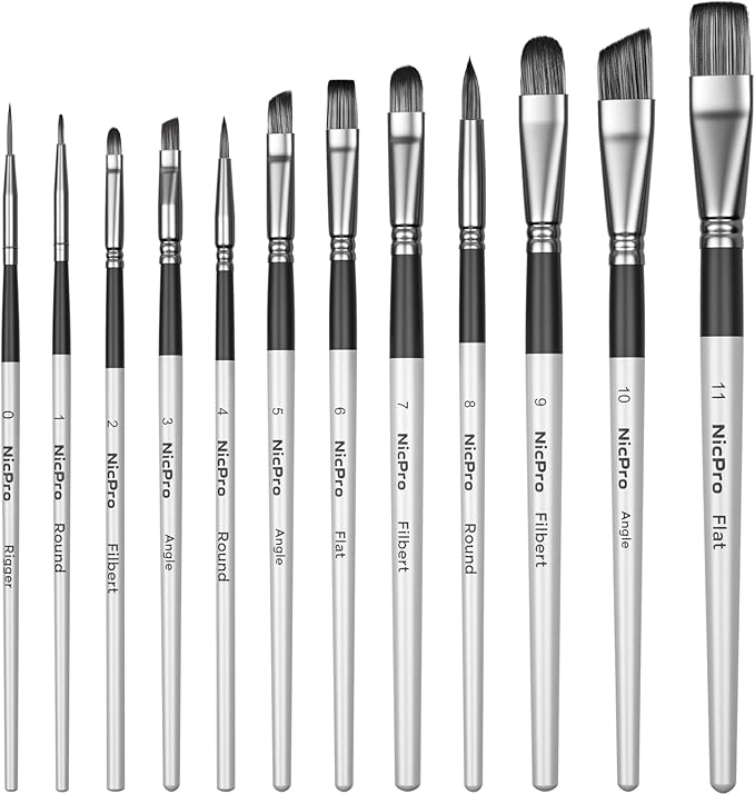 Nicpro 12pcs Artist Paint Brush Set, Paint Brushes for Acrylic Painting | Craft Paintbrushes for Oil Watercolor Gouache, Tempera, Face Body, Fabric Leather Model, Art Supplies for Artists Beginners