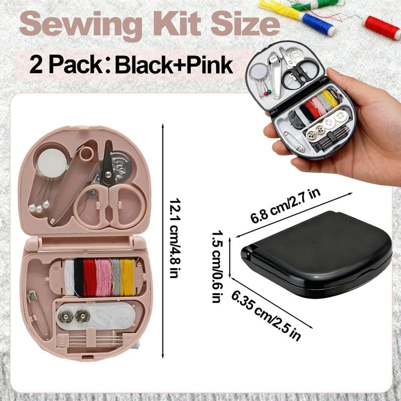 REROON 2 Pack Mini Travel Sewing Kit for Adult & Kid | Portable Sewing Box Kit Bulk | Small Emergency Repair Set with Thread Scissors Needle for Travel, Beginner DIY Handcraft | Black + Pink