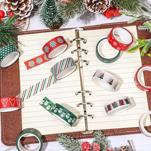 Whaline 12 Rolls Christmas Washi Tape Red Green Xmas Tree Snowman Santa Claus Gingerbread Man Candy Cane Pattern 15mm Decorative Masking Tape for Scrapbook Journal DIY Art Craft Gift Wrapping