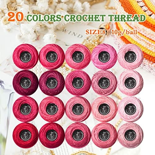 Soft 20 Colors Classic Crochet Thread 20 Pack,100% Cotton (Cranberry-3326-601)
