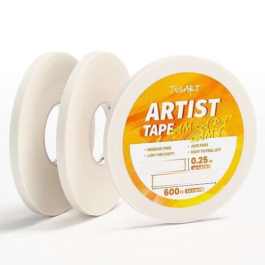 JusArt 3 Pack Artist Tape for Watercolor Paper, 1/4 inch Wide | Total 600FT Long, for Masking, Painting and Crafting, White Art Tape, Acid Free, Low Tack