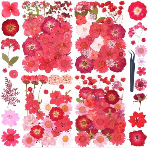 110Pcs Red Dried Pressed Flowers for Crafts,Xinxinran Dry Flower Kit for Resin Molds,Epoxy Resin Accessories,Bookmark,Nails, Jewelry Molds,Candle Making Supplies,Soap,Frame