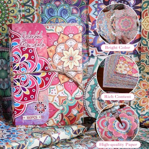 160 Sheets Boho Mandala Scrapbook Paper Set, Journaling Scrapbooking Supplies Craft Decoupage Papers Kit, Ephemera for Junk Journal Bullet Journals Well Posters Room Decor for Card Making Gift