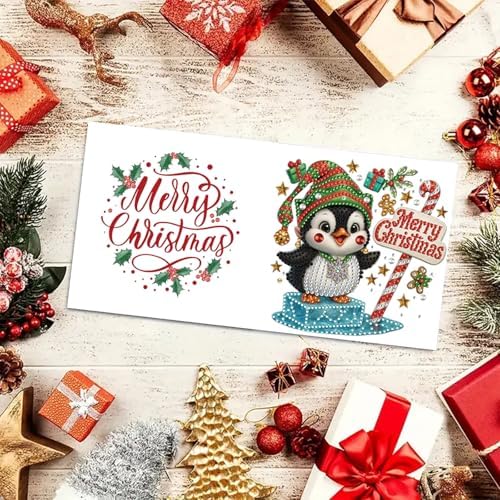 6Pcs Christmas Greeting Card DIY Diamond Art Painting Greeting Cards Blessing Folding Card Kit with White Envelopes Diamond Arts Crafts for Birthday Festival Gift-Penguin