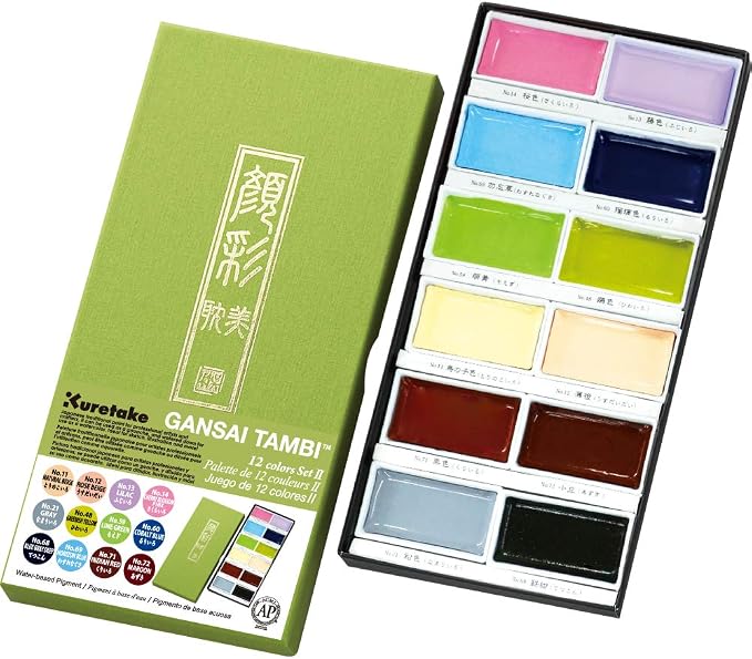 Kuretake Gansai Tambi Watercolor Paint Set, 12 Nuance Colors, Made in Japan | 12 new nuance colors, smooth blending pigment, oversized pans, color chart included, Professional Use, Artist Grade