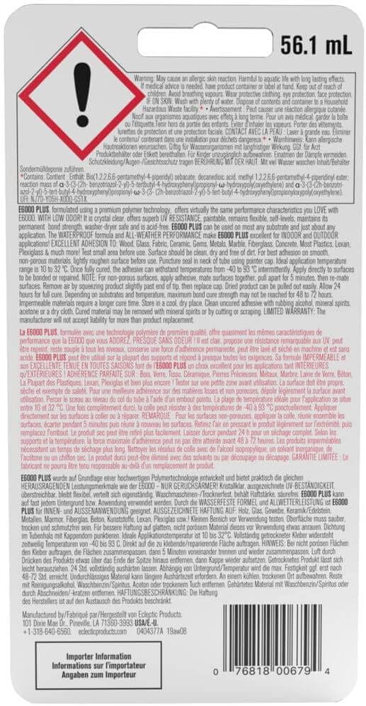 Eclectic Products inc. E6000 Plus Multi-purpose Clear Glue, Waterproof and Paintable, Strong Flexible Craft Adhesive for Wood, Glass, Fabric, Ceramic, Metal and More, 56.1ml | Waterproof and Paintable, Strong Flexible Craft Adhesive for Wood, Metal and...