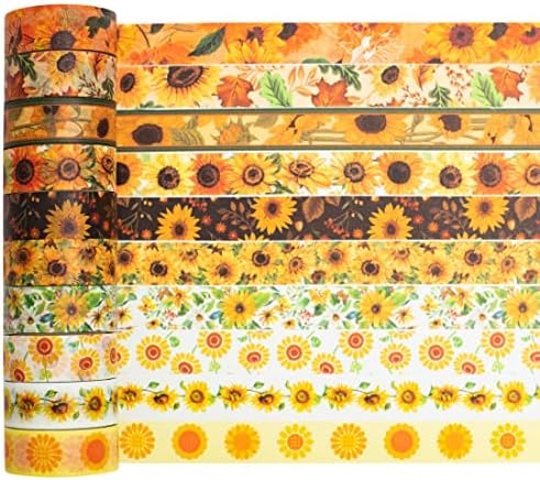 Sunflower Washi Tape Set 10 Rolls Floral Print Decorative Sun Flowers Masking Tapes for Arts, DIY Crafts, Journals, Planners, Scrapbook, Wrapping