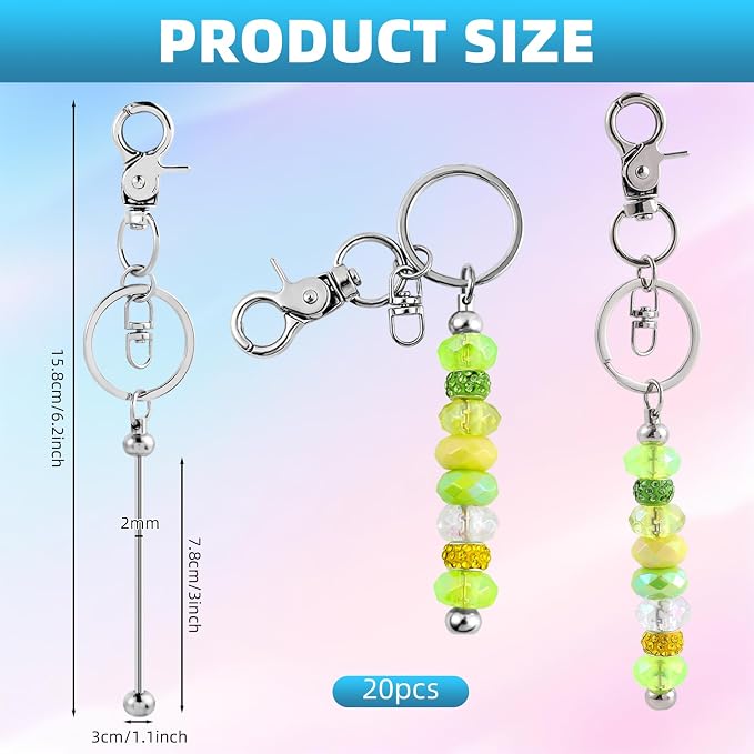 20 Pcs Beadable Keychains Bulk Kit – DIY Keychain Making Supplies with Metal Blanks for Crafts, Jewelry, Charms, Custom Projects – Blank Chain Bars for Beaded Keychain Design (Silver)