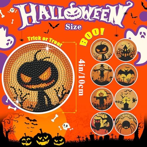 Leatrice 8 PCS Halloween Diamond Art Coasters Set with Holder 4 in