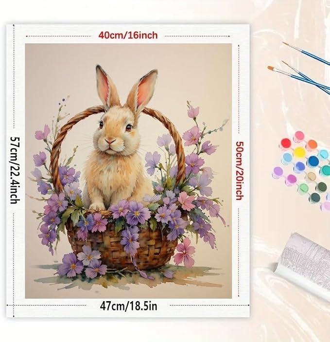 Animal Paint by Numbers Kit for Adults - DIY Bunny in Flower Basket Painting on Canvas 16x20In, Acrylic Paint Set, Suitable for Beginners, Art for Home Decoration or Gifts