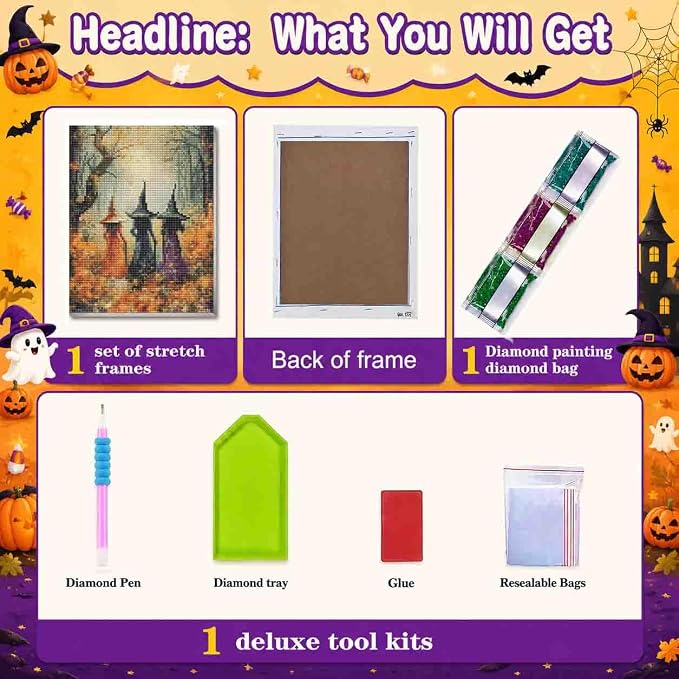 Witch Diamond Art Kits for Adults with Frame - Halloween Diamond Painting