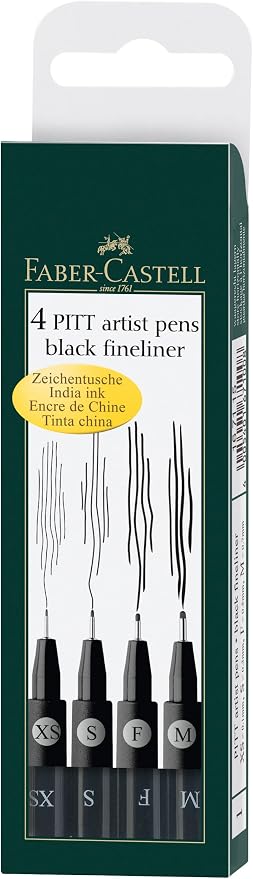 Faber-Castell Pitt Artist Pen 167115 India Ink Pens Pack of 4 M F S XS Black