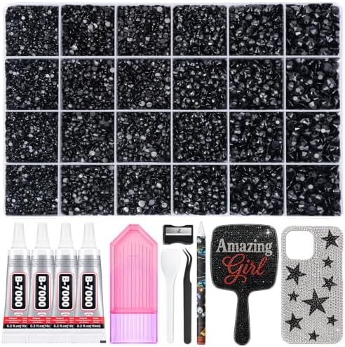 32000 Pcs Resin Jelly Rhinestones Kit, Black Flatback Rhinestones 3mm (2–6mm Size Options), Crystal Bedazzling Kit with 4 Pcs B7000 Glue & Tools for Nail Art, DIY Crafts & Clothing Decoration
