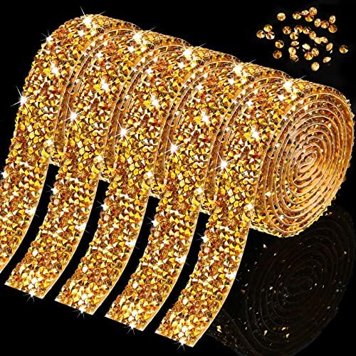 Xinnun 5 Rolls Rhinestone Ribbon,Gold,0.59 Inch,Basic Style