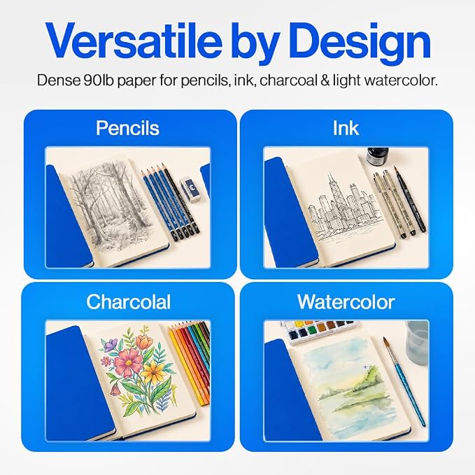 Leda Art Lay-Flat Sketchbook for Drawing, Artist A5, 160 Pages, Blue | Smooth cream paper takes pencil, ink, charcoal, light watercolor,thread-sewn binding,elastic strap,back pocket (5.8 x 8.3 in)