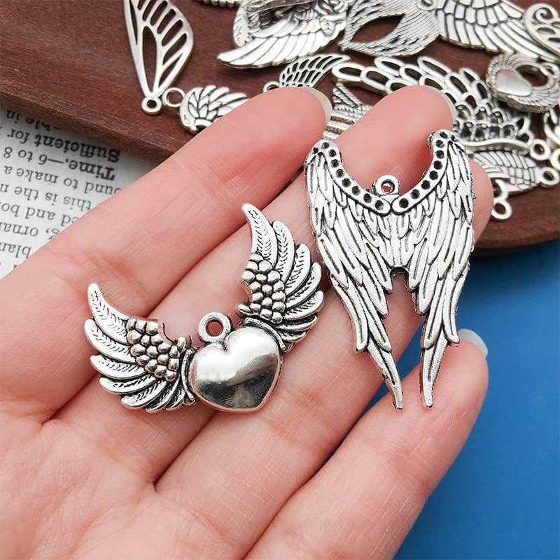 WOCRAFT 120pcs Antique Silver Wing Charms for Jewelry Making Alloy Heart Angel Wing Charms for DIY Crafts (SN013)