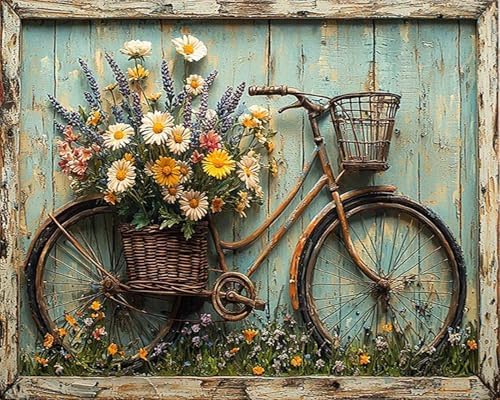Clendo Vintage Paint by Numbers for Adults - Bicycle Adorned with a Basket Full of Blooming Flowers, DIY Paint by Number Acrylic Canvas Painting Art Kits for Home Decor 16x20 Inch (Without Frame)