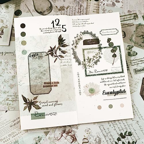 Dizdkizd Botanical Washi Stickers for Journaling, Ephemera Sticker Book for Junk Journal with 180pcs Plant Washi Stickers and 20 Adhesive Scrapbook Sticker Sheets, Vintage Scrapbooking Supplies
