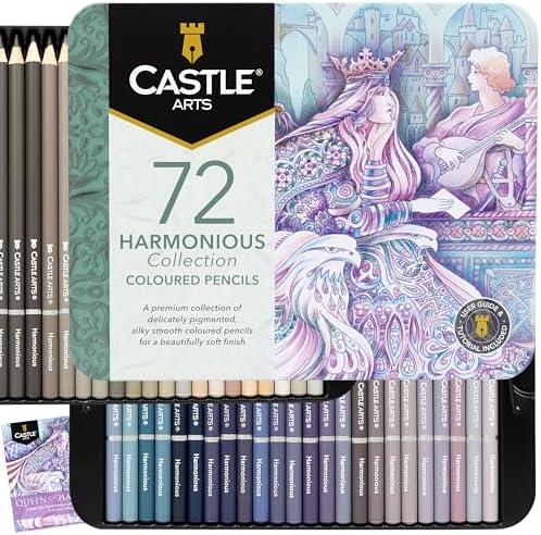 Castle Art Supplies 72 Colored Pencils - Muted, Relaxing Art Palette | Wax-based soft cores for adult artists' relaxation - rich, calming tones - beautifully presented in a sturdy tin case