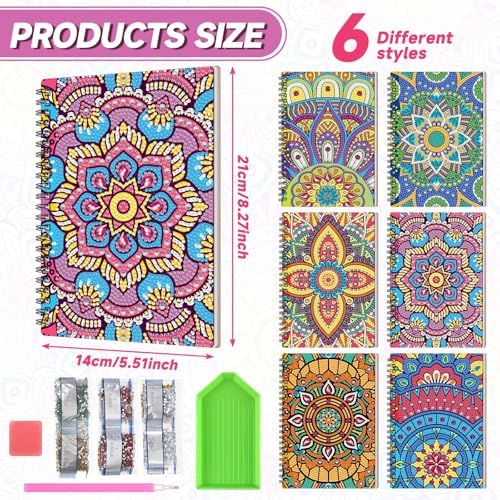 Fullhawl 6 Pack 5D DIY Diamond Art Crafts Kit for Adults Office Supplies Beginner A5 Leather Diamond Painting Gift for Women Art Cover Craft Accessories with Tool (Mandala)