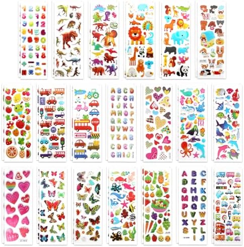 40 Sheets Puffy 3D Stickers for Kids & Toddlers, Variety Adhesive Sticker | Includes Animals Numbers Letters Fruits for Scrapbooking Journal Water Bottles DIY Crafts (Basic Style)