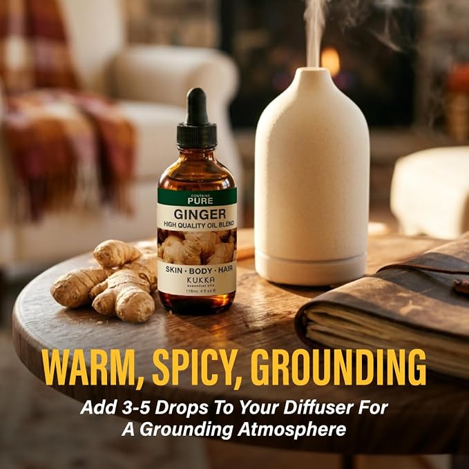 Kukka 100% Pure Ginger Essential Oil for Skin, Diffuser, 4 Fl Oz | Undiluted Ginger Oil for Scalp Care, Warming Massage Blends, Diffuser Aromatherapy & DIY Soap Making