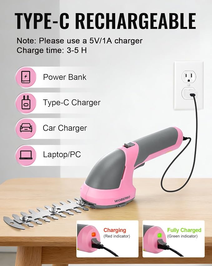 WORKPRO 7.2V Cordless Grass Shear & Shrubbery Trimmer, Pink Ribbon