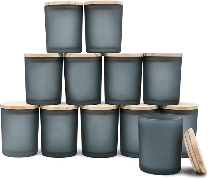 SHOWIN Thick Candle Jars for Making Candles 12 Pcs, 7 OZ Empty Jars with Wood Lids for Candle Making, Sample Container, Frosted Grey
