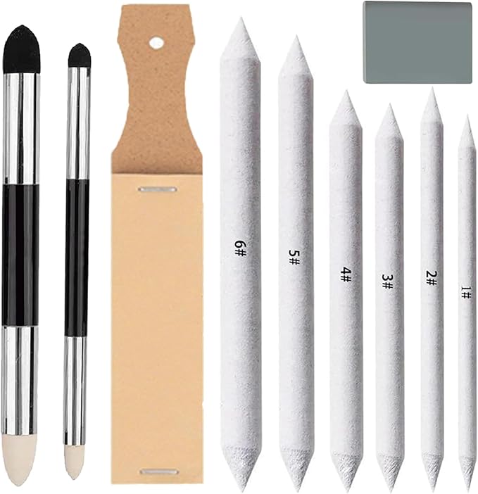 N NOROCME 10 PCS Blending Stumps,Sponge Pens and Sandpaper Pencil Sharpener | Kneaded Eraser,Tortillions Paper Art Blenders,Washable Reusable,for Student Artist Charcoal Sketch Drawing
