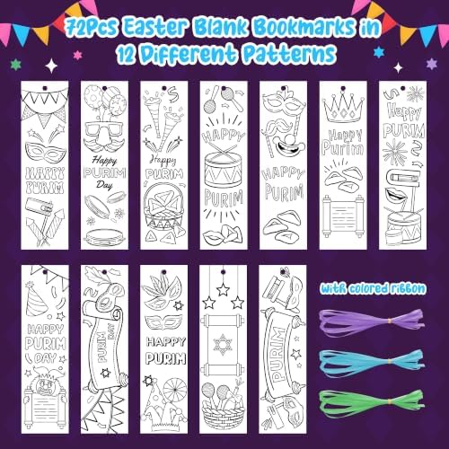 72Pcs Purim Color Your Own Bookmarks, Coloring Blank Bookmarks for Kids