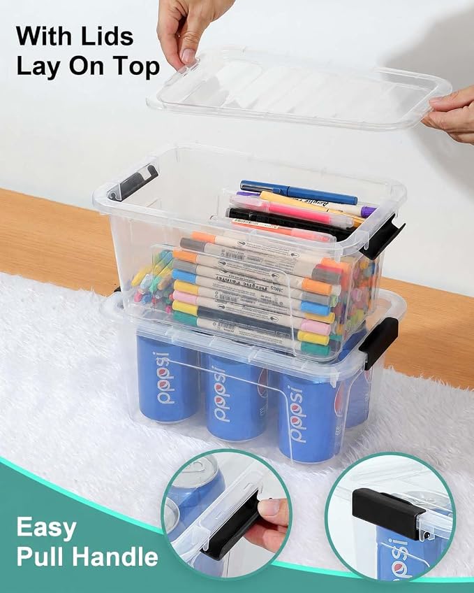 EOENVIVS Plastic Storage Bins with Lids 6 Pack, 7 Quart Storage Containers With Black Buckle Latch, Stackable Storage Organizers for Home Pantry Office Classroom Organization, Clear