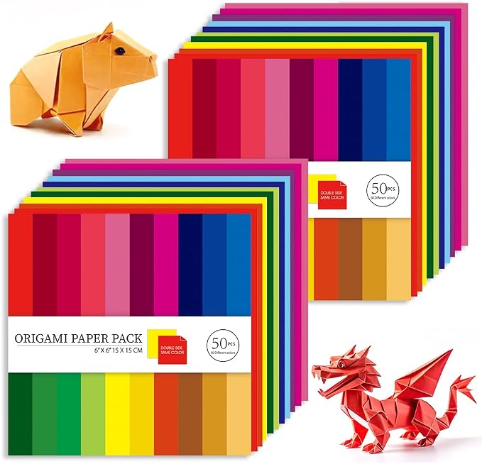 Origami Paper 100 Sheets, 6-Inch Square Double Sided Colored Craft Paper | 70GSM colorful paper,100 Vivid Pattern Origami Kit,DIY Hand Crafts,Arts Creativity,Easy to Fold,No-Fading.Solid Color
